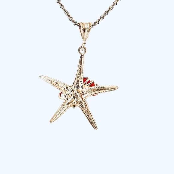 Vintage Sterling Silver 925 Chain Necklace w/ Starfish Pendant Red Coral Center - Picture 4 of 15